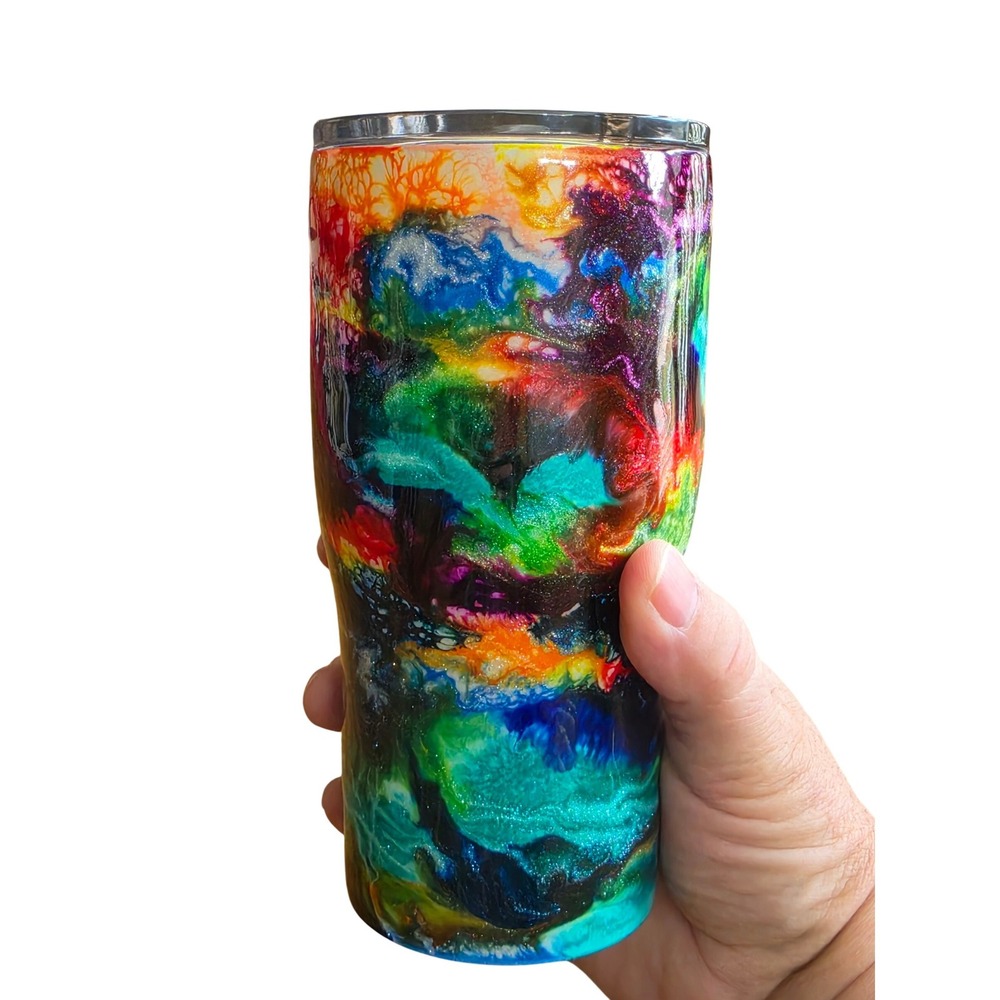 Handmade Alcohol Ink Glitter Resin Tumbler Rainbow Insulated 20oz‎ Mug with Lid